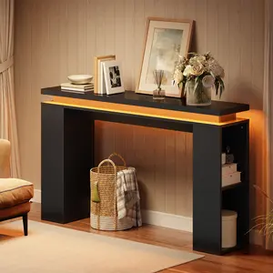 HOOBRO 47.2"  LED Console Table, Narrow Entryway Table with Floating Tabletop, Behind Couch Sofa Table for Hallway, Living Room, Adjustabl Side Shelves, Black#SpringSale #BigSpringSale