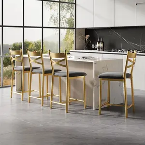 Gold Bar Stools Set of 4, Counter Height Bar Stools with PU Upholstered Seat, Metal Frame Kitchen Bar Chairs with X-Design Back and Footrest for Kitchen Island, Counter Bar, Dining Room