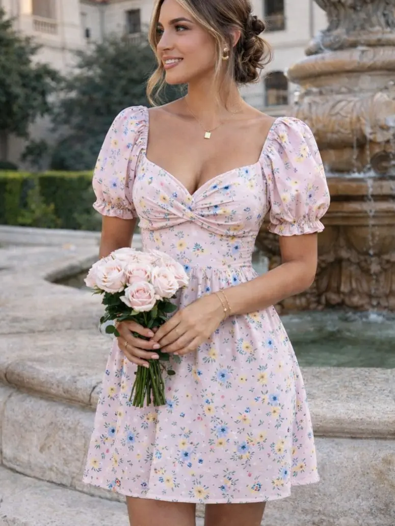 Rosegalette Women's Floral Print Beach Dress Print Twist Front Dress,Ditsy Floral Frilled Mini Ruched Dress puff sleeves sundress,A Line Floral sundress Frilled Bowknot Milkmaid Dress sweety white dress Casual Light sundress, slash free tiktok shop,summer