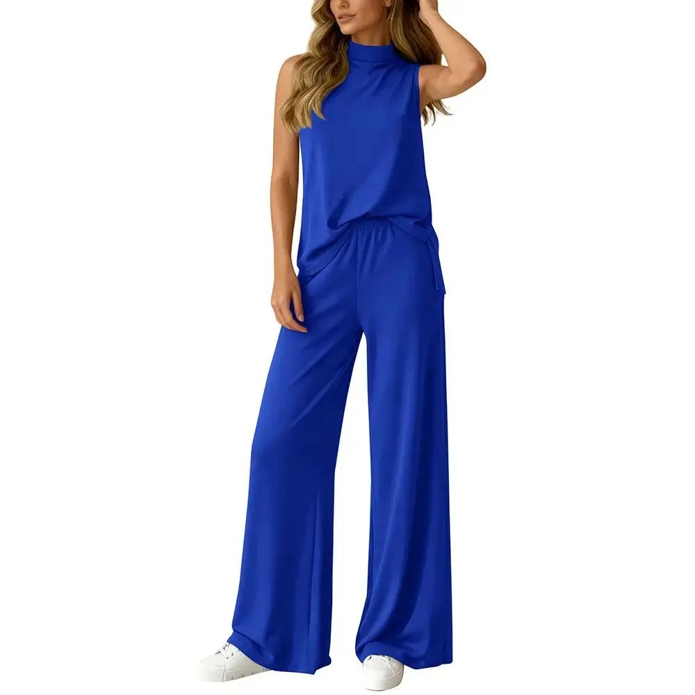 USBOUTIQUE CHIC Women's Stretchy Comfortable Two Piece Outfit Sleeveless Mock Neck Top & Wide Leg Pants Casual Everyday Curvy-Friendly