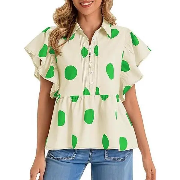 Cicy Bell Womens Polka Dot Babydoll Tops Peplum Ruffle Cap Sleeve Blouses Summer Casual Half Button Up Shirts