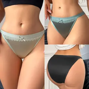 Women's 3-Pack Low-Rise Bikini Panties, Silky Shiny Nylon Lace Trim, Ultra Soft Breathable Everyday Underwear，S-XL (AC883076)