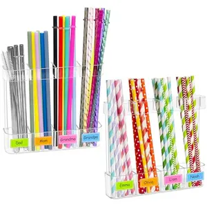 【Holiday Deal】2 PACK Acrylic Straw Holder for Cabinet Door - Reusable Tumbler Straw Organizer Storage Dispenser with Ultra Sticky Adhesive Strips, Small Kitchen Accessories Container for Kitchen Cupboard Door