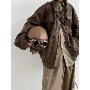 2025 Japanese retro and cool PU motorcycle leather jacket, loose neutral brown leather jacket Womenswear Coats flight  jacket Tops Outerwear Long Sleeve Style Unisex Fashion
