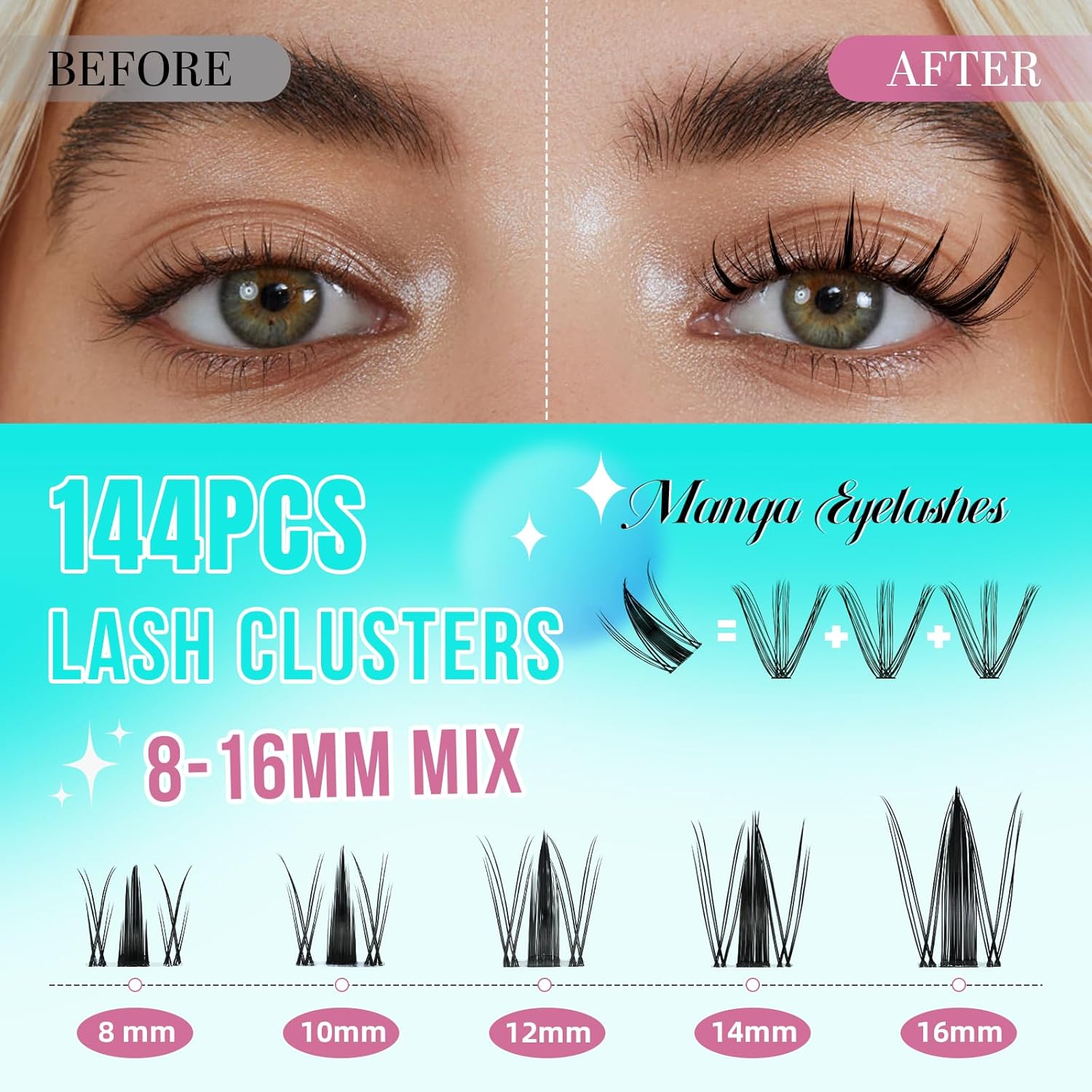 AMZGIRL LASH DIY Lash Extensions Kit 144pcs Manga Waterproof Eyelashes Makeup Cosmetic Set with Bond Seal Remover Applicator  8-16mm Mixed Individual Lashes