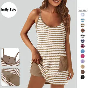 Imily Bela Womens Tennis Dress Casual Striped Athletic Sleeveless Summer Romper Dress with Built in Shorts