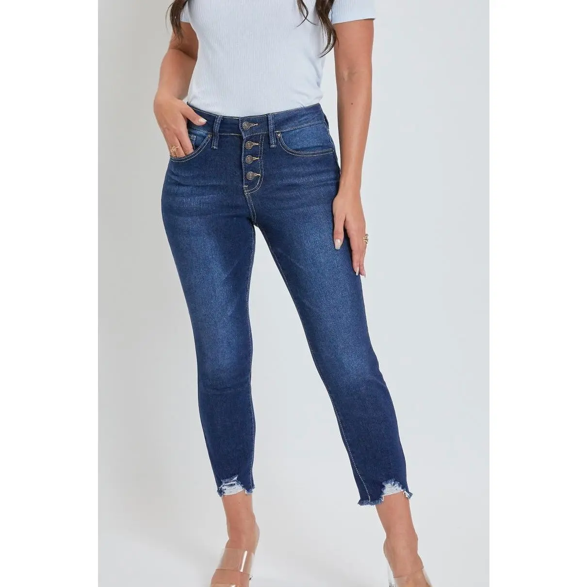 Petite YMI Missy 4 Button Skinny Ankle Jeans- Dark Wash