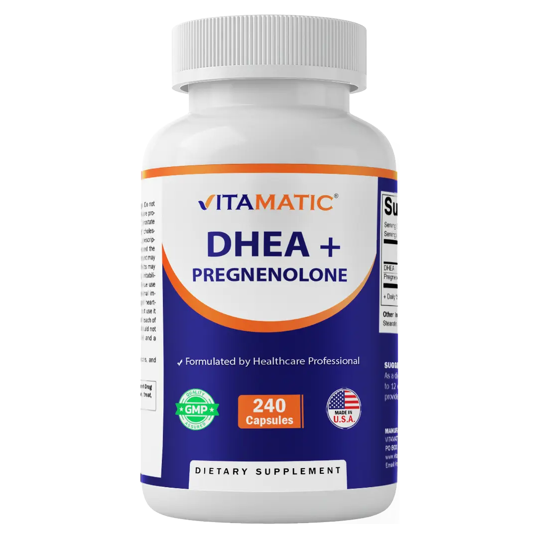 Vitamatic DHEA 100 mg + Pregnenolone 30 mg Brain Dietary Supplement, 240 Capsules, Non-GMO, Made in USA, GMP-Compliant
