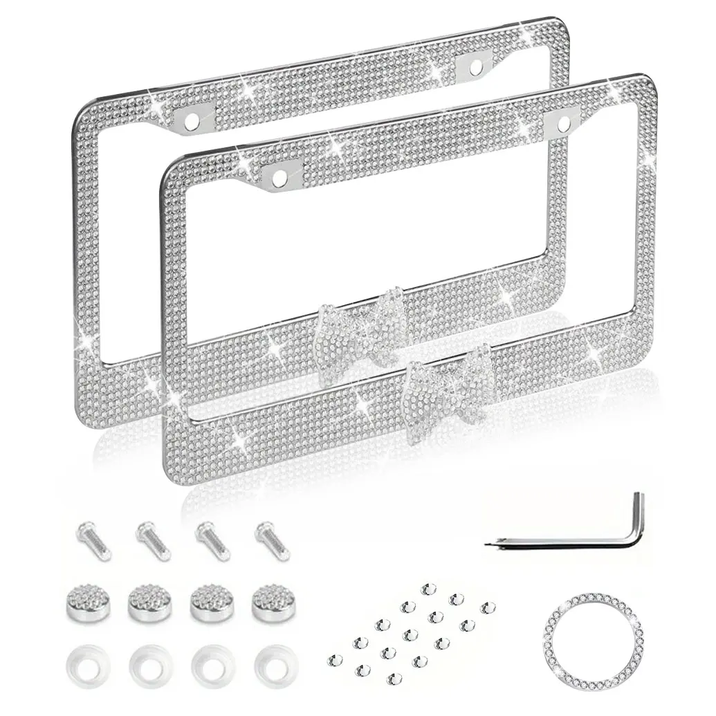 This cute bowknot bling license plate frame is covered in crystal rhinestone glitter, comes in multiple colors, includes a full set of anti-rust hardware, fits US standard plates, and adds a sweet sparkle to any car exterior, Car Accessories, License Plat
