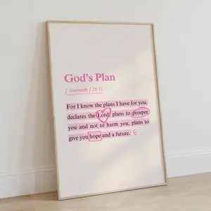 Jeremiah God's Plan Poster, Pink Bible Verse Style No Frame Wall Art, Home Decorative Artwork, Perfect Gift for Girlfriend or Boyfriend