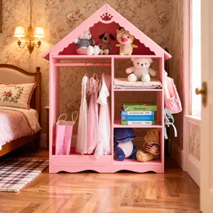 Mini Wardrobe With Mirror 3 Tier Shelf Hanging Rod Full Length Body Wood Closet Organizer For Girls Room Arched Freestanding Storage Cabinet Clothes Toys Garment Rack Shelving Unit Decor System Organizers(Pink)Clothing Accessories Set