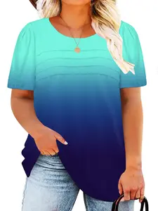 ROSRISS [1X-5X] Plus Size Tops for Women Summer Cute Puff Short Sleeve Shirts Casual Pleated Crewneck Tees 1080