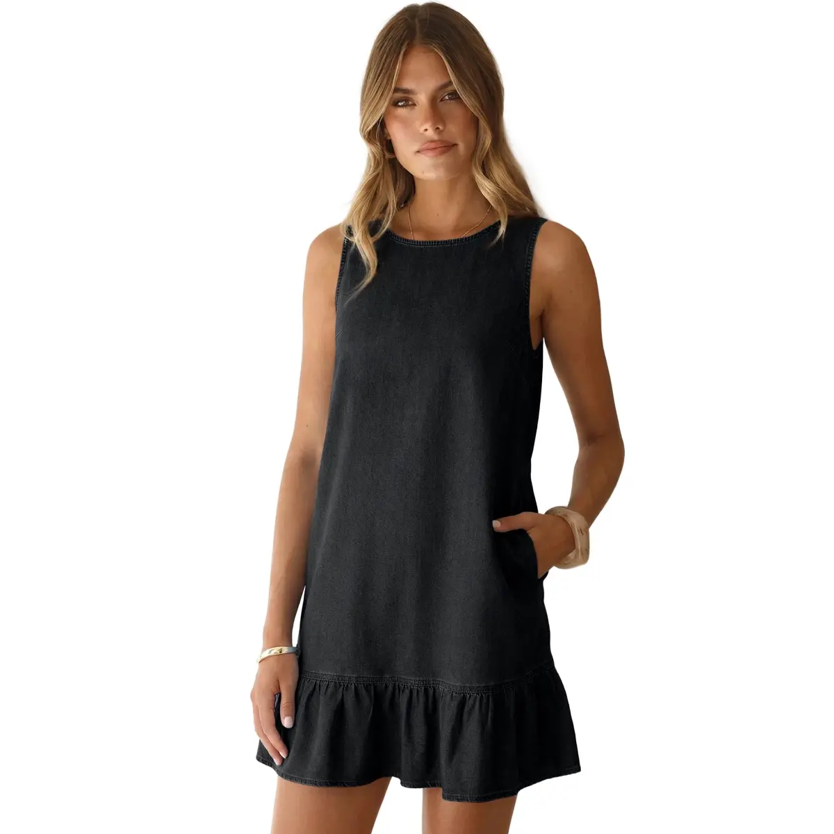SIDEFEEL Women's Sleeveless Denim Dress Round Neck Ruffled Hem Casual Loose Denim Dress Summer DealsForYouDays summerwins WeeklyDeals