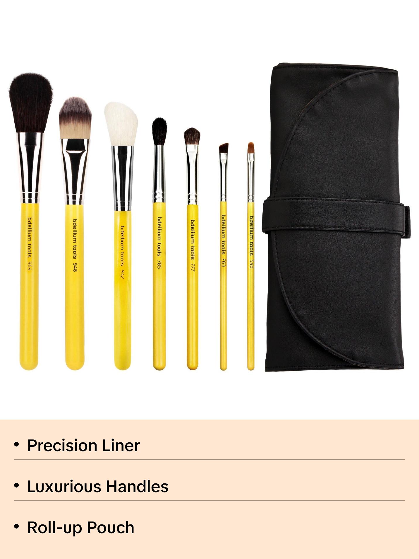 Bdellium Tools Studio Basic 7pc Brush Set with Roll-up Pouch - Includes 964S AP Blusher, 948S Foundation, 942S Slanted Contour, 785S Tapered Blending, 777S Shadow, 763S Angled Brow, 540S Precision Liner - Perfect for Flawless Makeup Application
