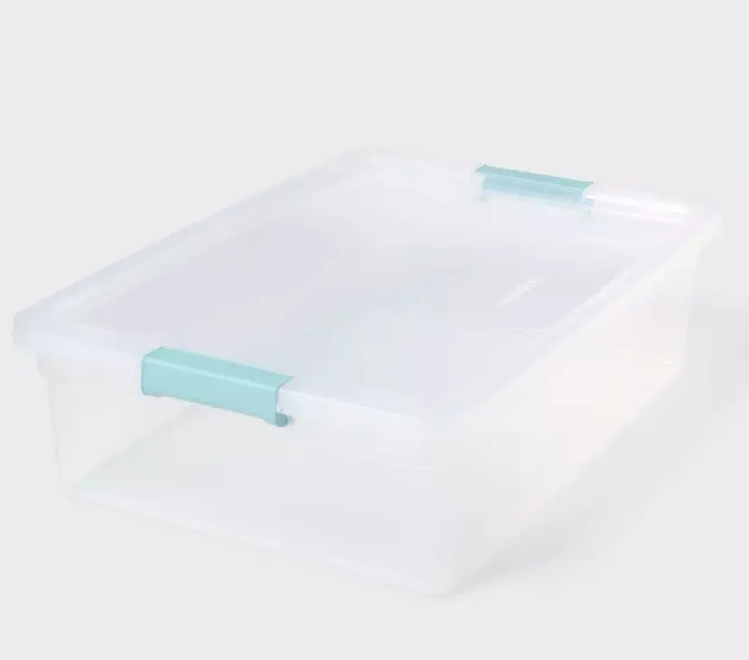 32 QT Clear Plastic Storage Tote Bins with Secure Side Latches, Stackable Latching Containers, Low Profile Clear Organizer Bins for Seasonal Clothes