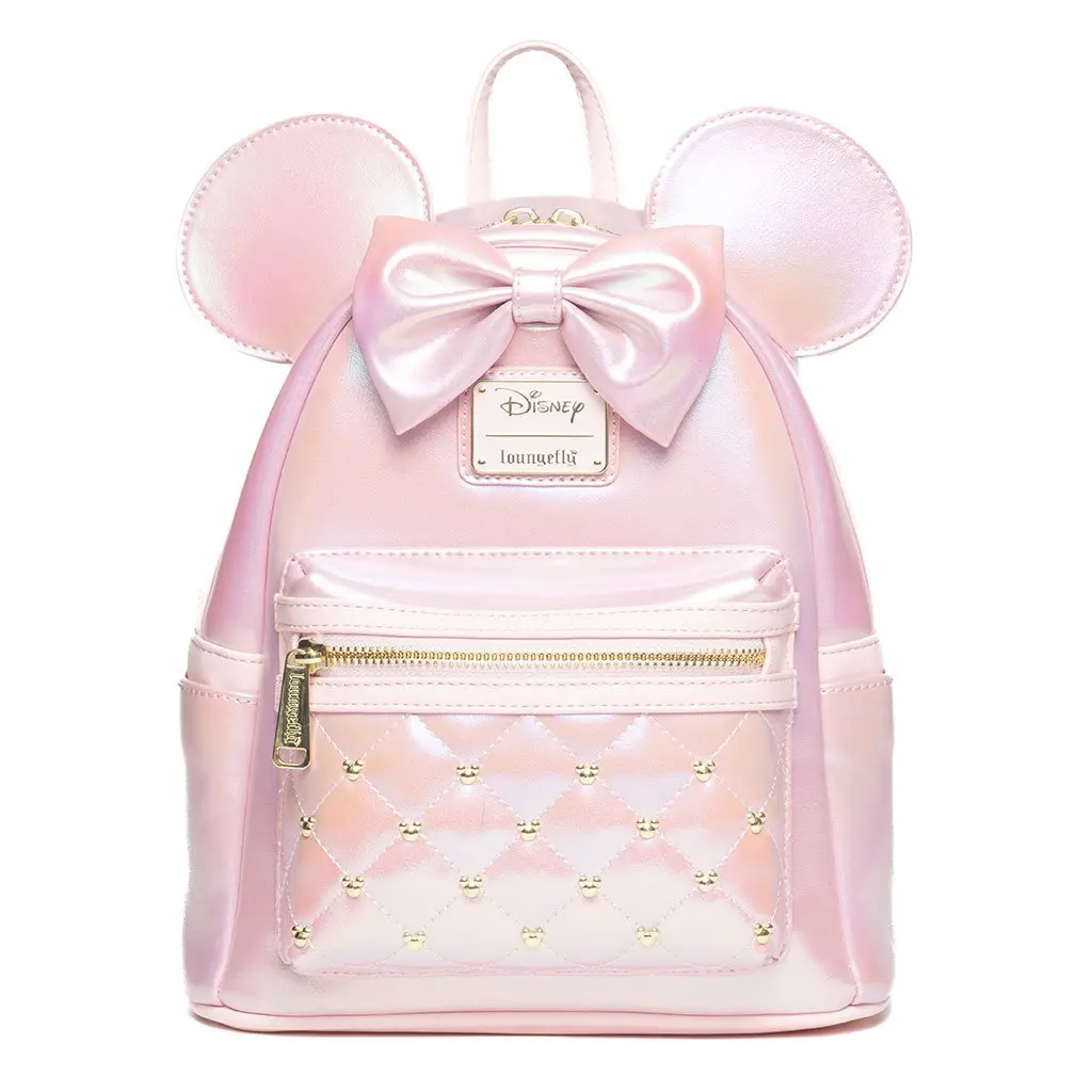 Loungefly Disney Minnie Mouse Rose Iridescent Mini Backpack for Women, Quilted PU Leather Casual Printed Backpack with Studded Details, 707 Street Exclusive, Pu Leather Backpack