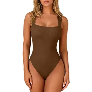 OYV Women's Ribbed Bodysuit-Sexy Square Neck Sleeveless Tank Top Design-Stretchy, Soft Womenswear Underwear Lady Comfort