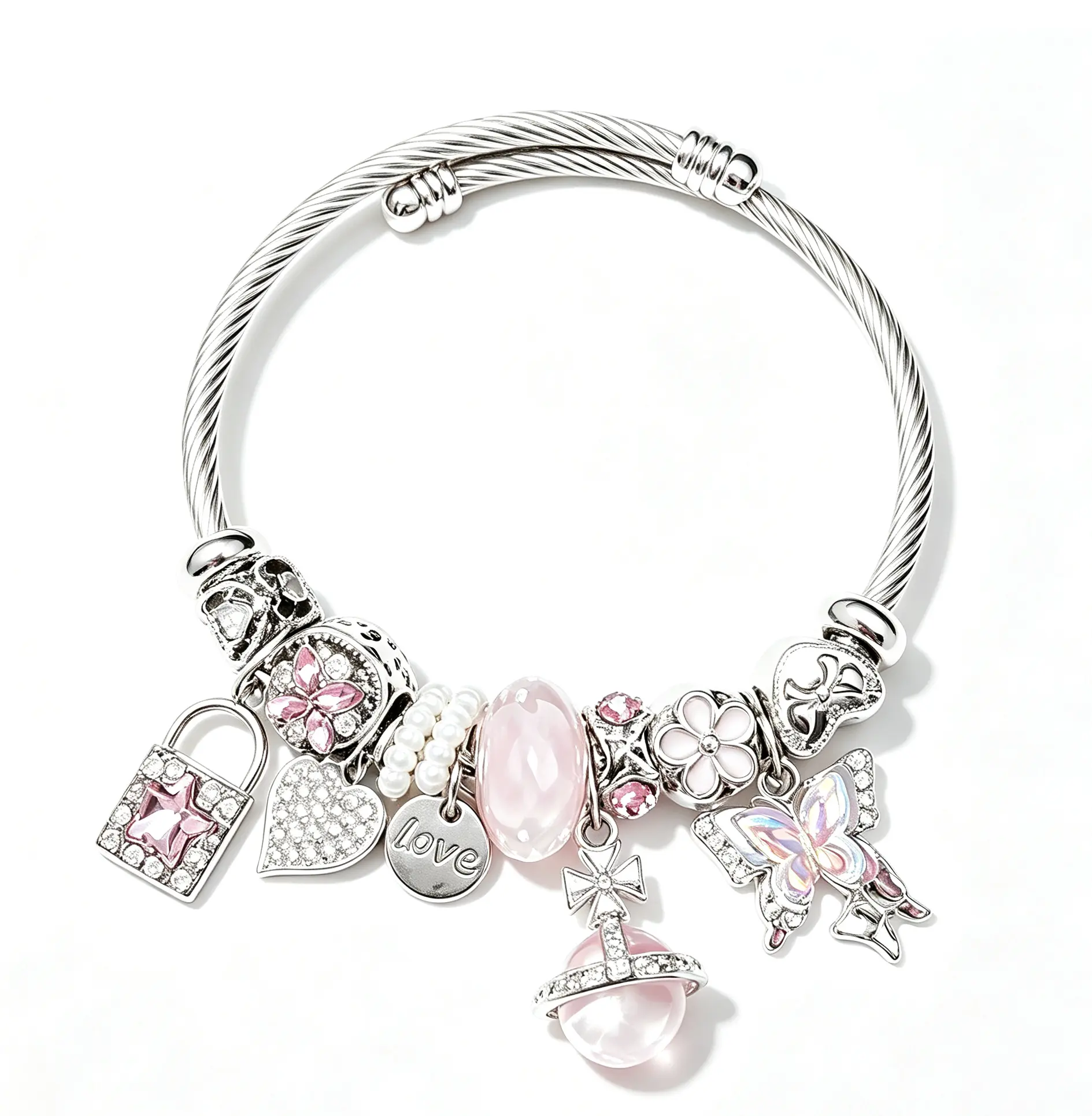 Dreamy Pink Crystal Butterfly Lock Bangle | Sweet Charm Bracelet, Romantic Girly Accessory