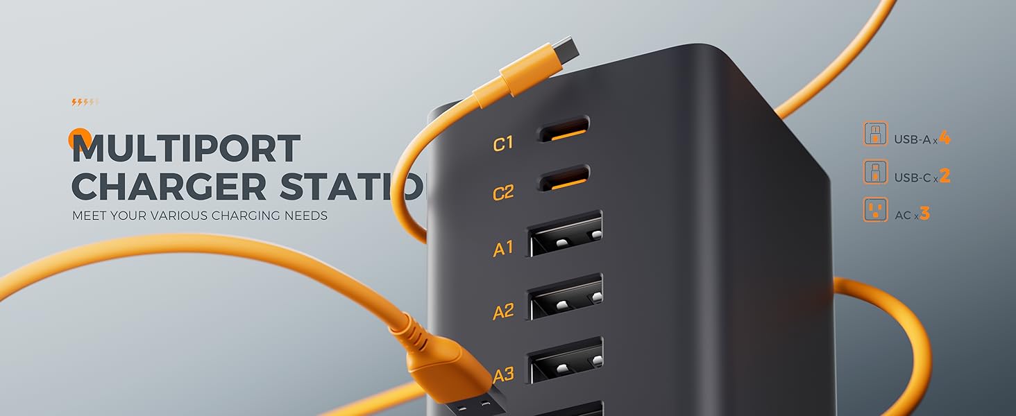 Tessan Desk Charging Station for Multiple Devices, 65W Ex-Fast Charging, 6 Port GaN USB Fast Charger Tower, Type C Desktop Charger Hub