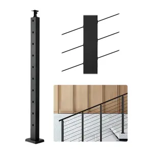 VEVOR Cable Railing Post, 36x1x2 Inch Stair Railing Post, with Pre-Drilled 30° Angled Holes, Stainless Steel Cable Rail Post with Horizontal and Curved Bracket, 1-Pack, Black