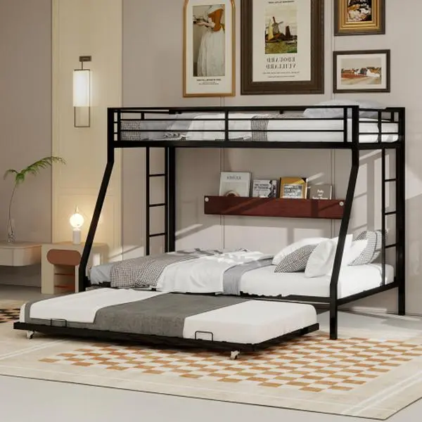Modern Twin Over Queen Bunk Bed with Pull Out Trundle - Heavy-Duty Rust-Resistant Metal Frame, Full-Length Rails, Ladder, Silent Design - 82.28x62.60x63.58 Inches Bunk Bed for Dorms