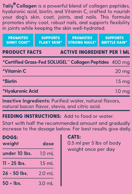 Taily Liquid Collagen for Dogs & Cats - Premium Formula with Hyaluronic Acid, Biotin, & Vitamin C for Stronger Nails, Soft Skin, & Shiny Coat - 18 Months Supply