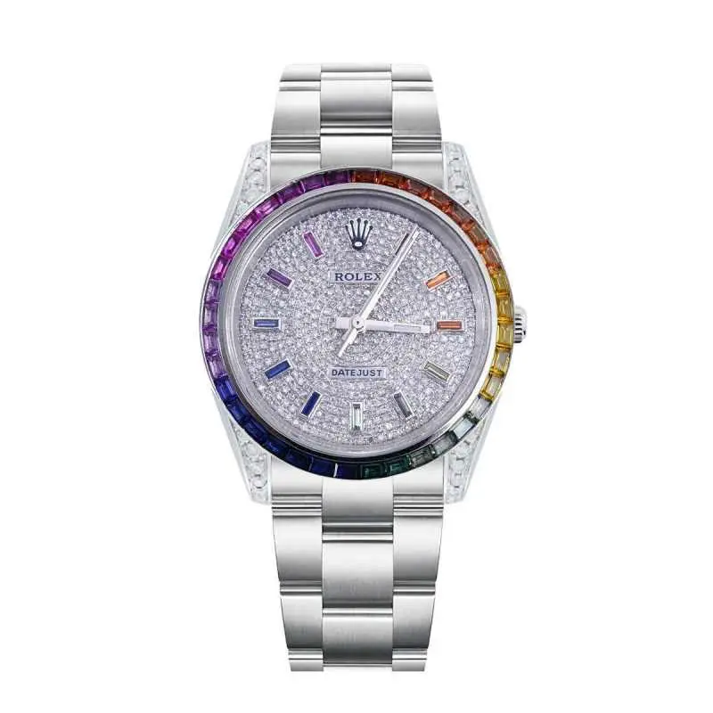 Rolex Oyster Perpetual 34mm Custom Diamond Pave Dial & Rainbow Gem Bezel 114200 WHP040685