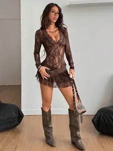 RES Coolane Brown Lace Mini Dress | Y2K Vintage Long Sleeve V-Neck Ruffle Dress - Western Style Streetwear & Rave Outfit for Women Casual Boho Fashion Casual Bohemian Sleeveless