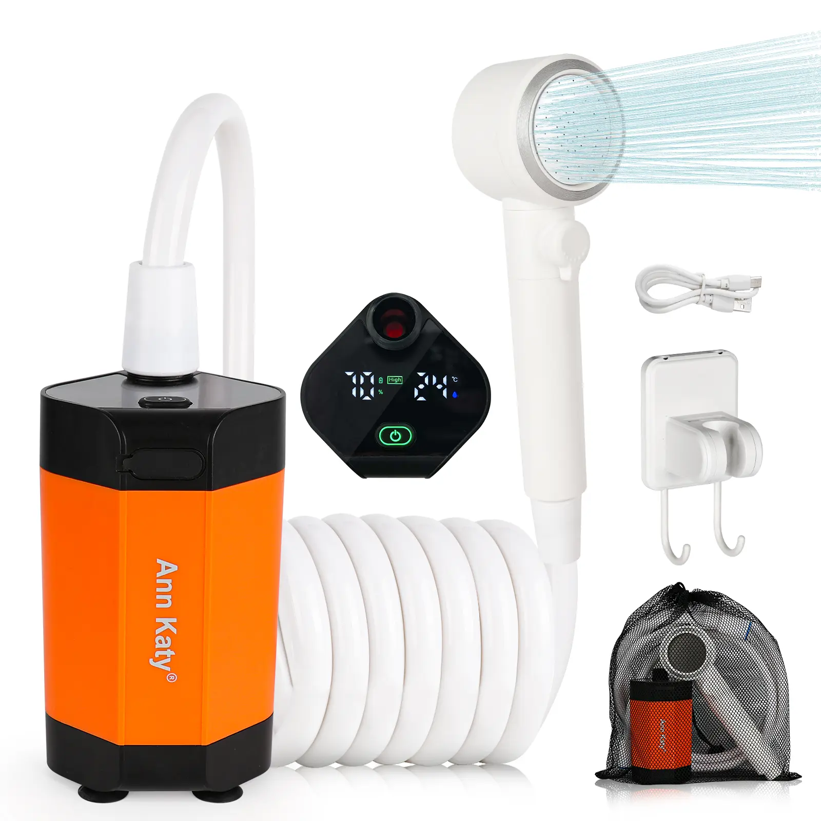 Ann Katy Portable Shower – Rechargeable with LED Display, Includes Accessories & Foldable Bucket, Ideal for Camping, Beach, Road Trips, Dog Bathing, Plant Watering, Horse Washing, Apartment Use, and Emergency Situations After Hurricanes