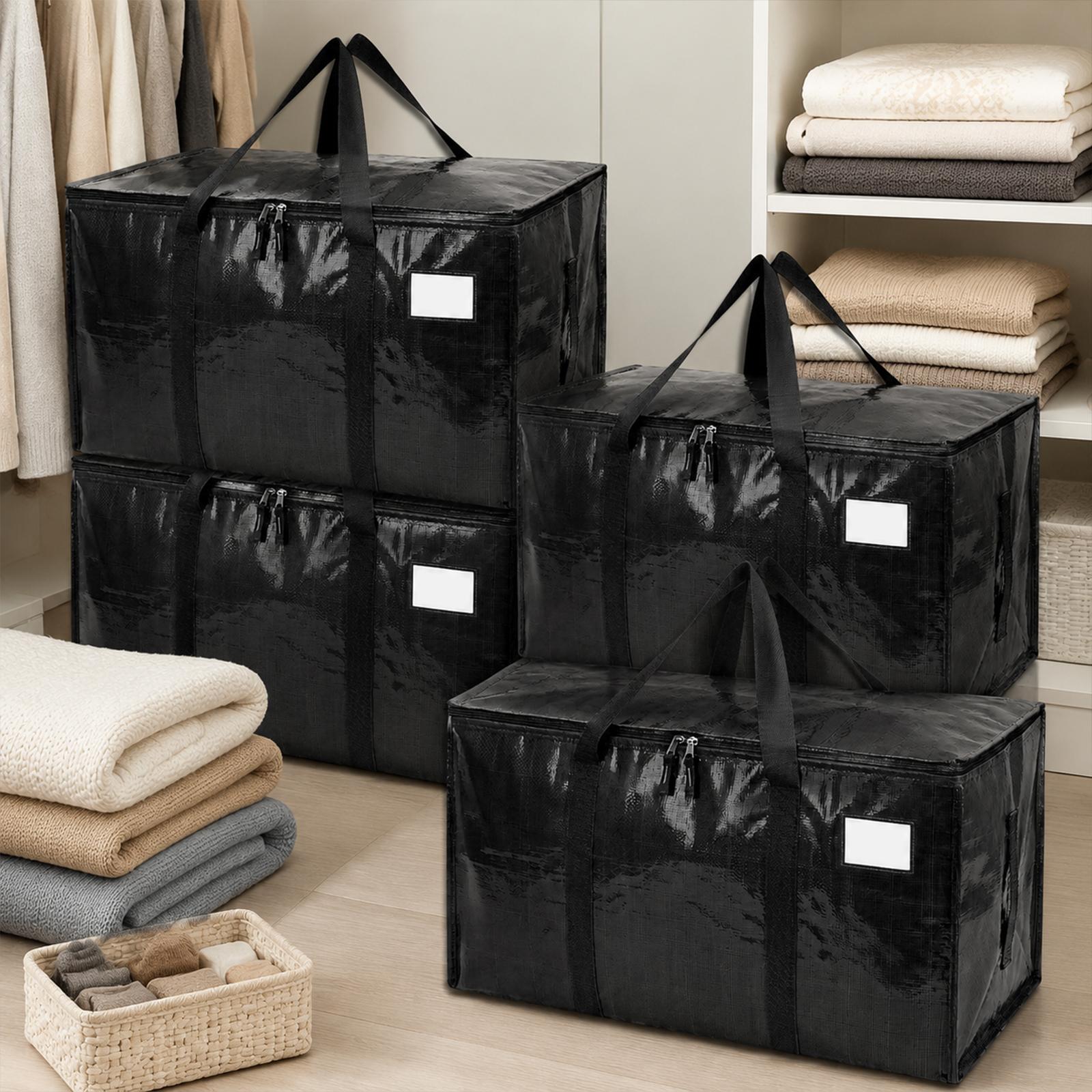 4-Pack Classic Heavy-Duty Organiser Bags, Waterproof Foldable Storage Totes with Handles & Zippers, 4-Set Home Organizers for College Dorm Daily Use (Black)