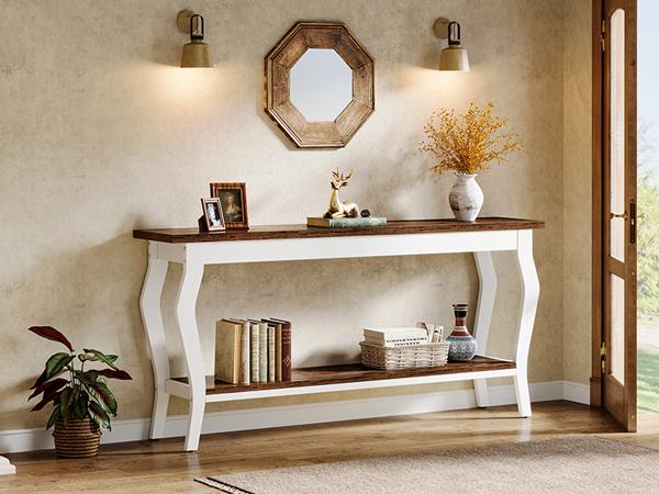 Tribesigns 70.9 Inches Extra Long Sofa Table Behind Couch, Vintage Console Entry Table with 2-Tier Storage for Hallway, Entryway, Living Room, White & Brown