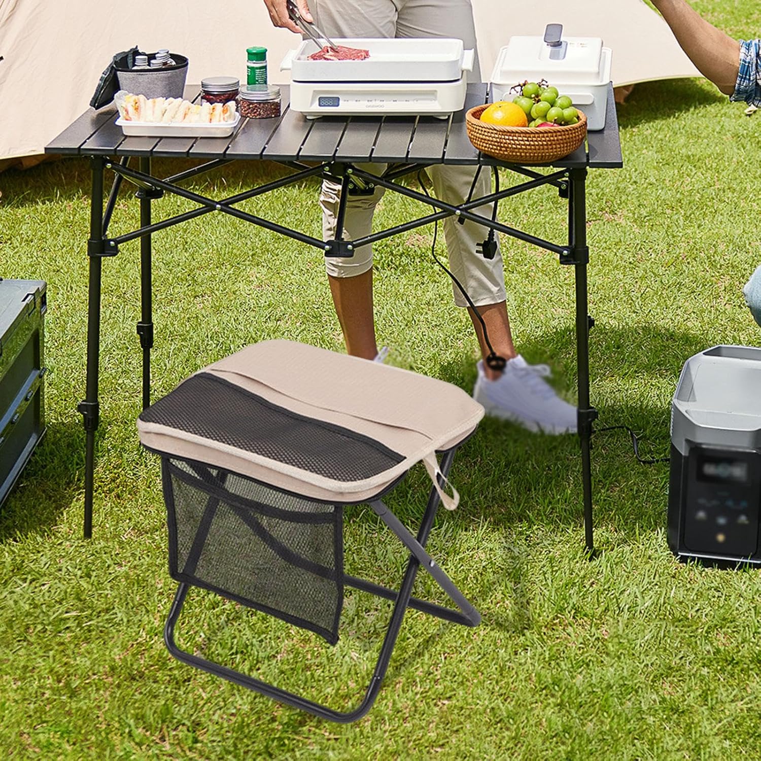 Foldable Backpack Stool, Fishing Seat, Foot Stool Footrest, Multi functional folding stool, Portable Camping Chair for Travel,Picnic, Khaki and Black Sturdy Outdoor Bench