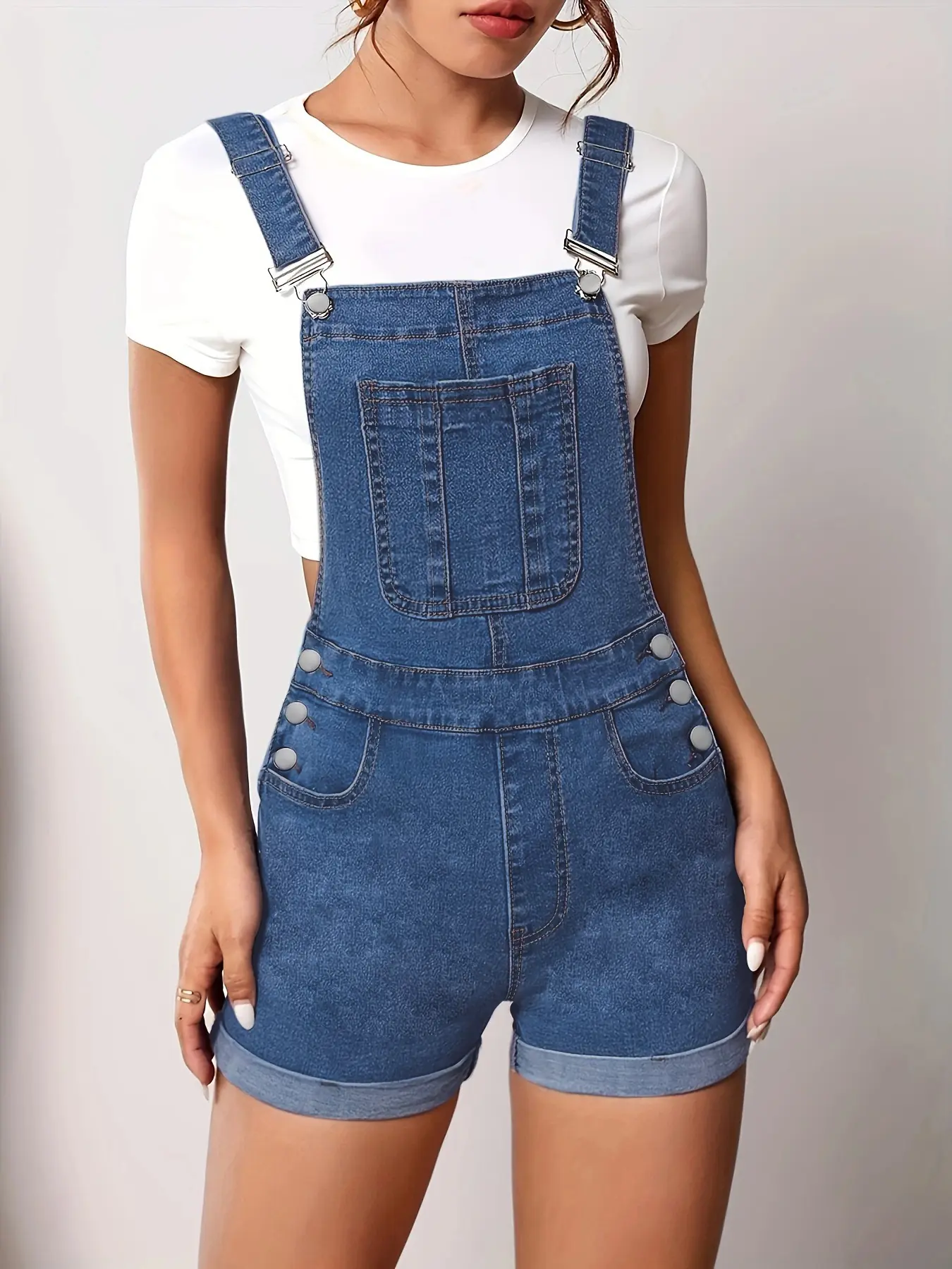 [US Shipping] Women's Slim Cut Denim Overalls Shorts - Slim Straps, Sleeveless, Above-the-Knee, Practical Pockets, Resort Wear, Casual Everyday Wear, Sizes M, XL