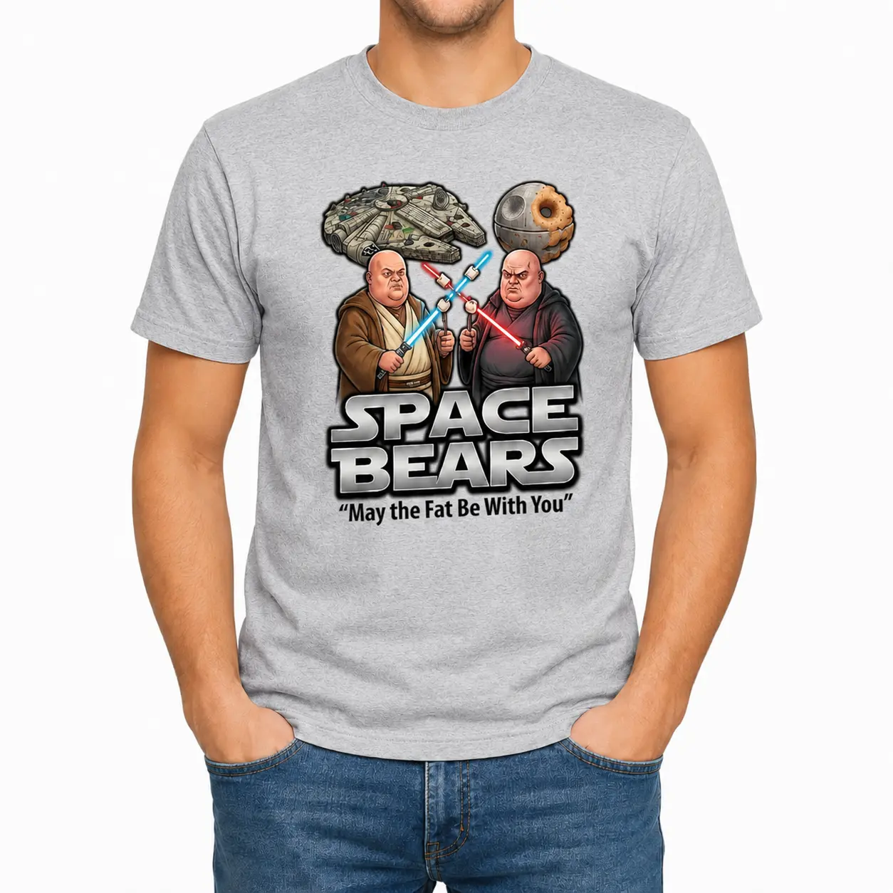 Space Beasts Funny Sci Fi Shirt, May the Fat Be With You Tee, Humorous Space Parody Graphic T Shirt, Novelty Gift for Men