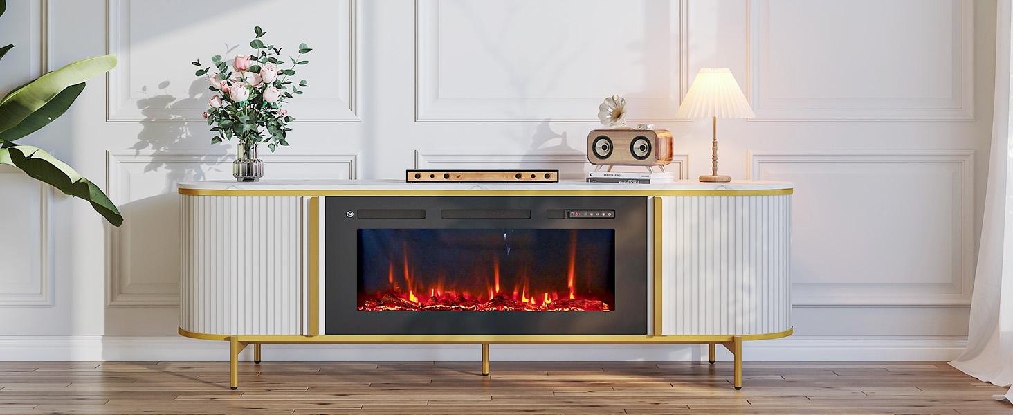 【2 Packages Shipping】oneinmil Luxury 70" Fluted Fireplace TV Stand Modern Chic Entertainment Center for TVs Up to 80" Oak Media Cabinet with Storage for Living Room