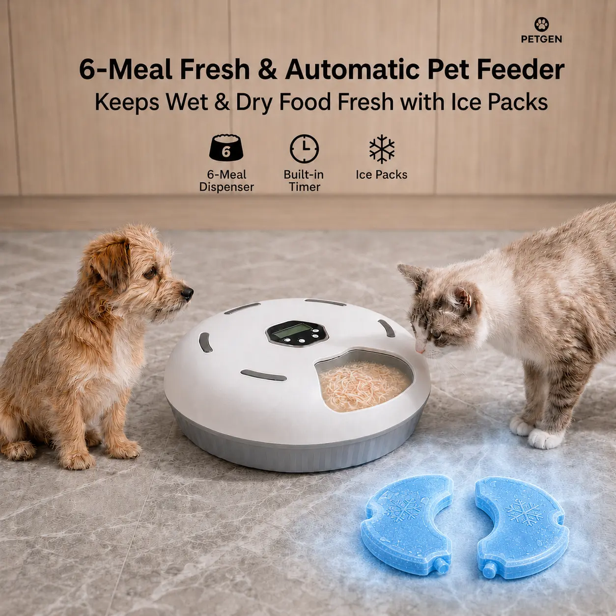 Round 6-Meal Automatic Cat Feeder for Apartments, Battery-Powered with Manual Timer, Rotating Feeding Tray, Easy-Cleaning Wet & Dry Dispenser, Includes Ice Packs, 2 Ice Packs