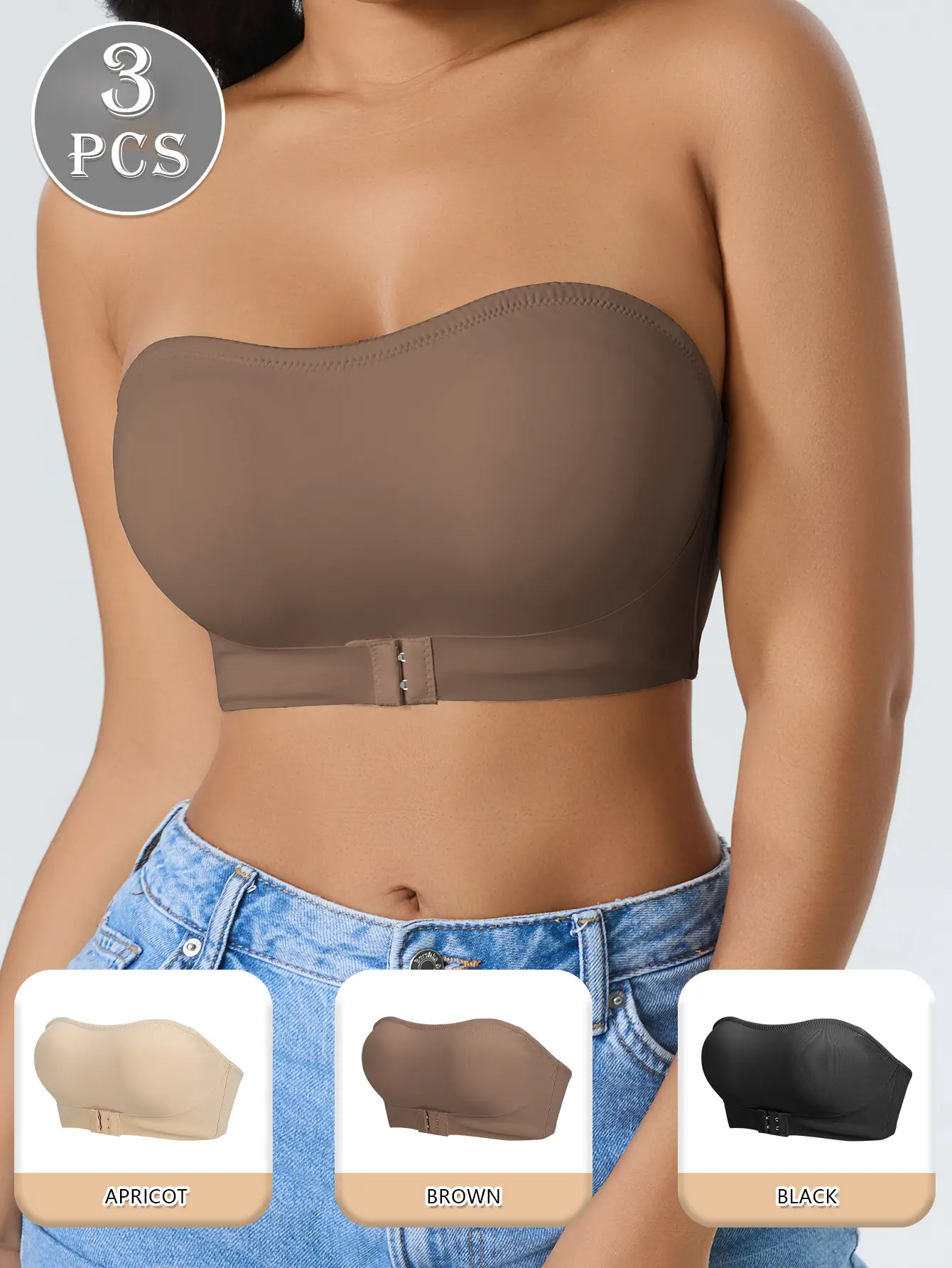 Lady's Minimalist 3-Piece Strapless Front-Buttoned Bras - Soft Everyday Fabric, Padded Shoulder Cups, Anti-Slip Grip, Wireless Seamless Support Underwear for Daily Wear & Various Outfits