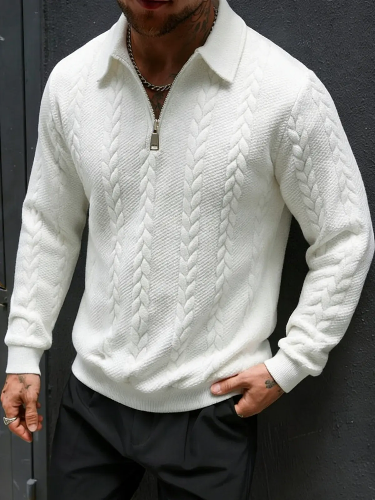 Men's Half-Zip Knit Sweatshirt – Soft and breathable knitwear featuring a  stylish textured pattern. Perfect for everyday casual wear, office commutes, and weekend outings. The solid color design is ideal for layering during fall and winter.