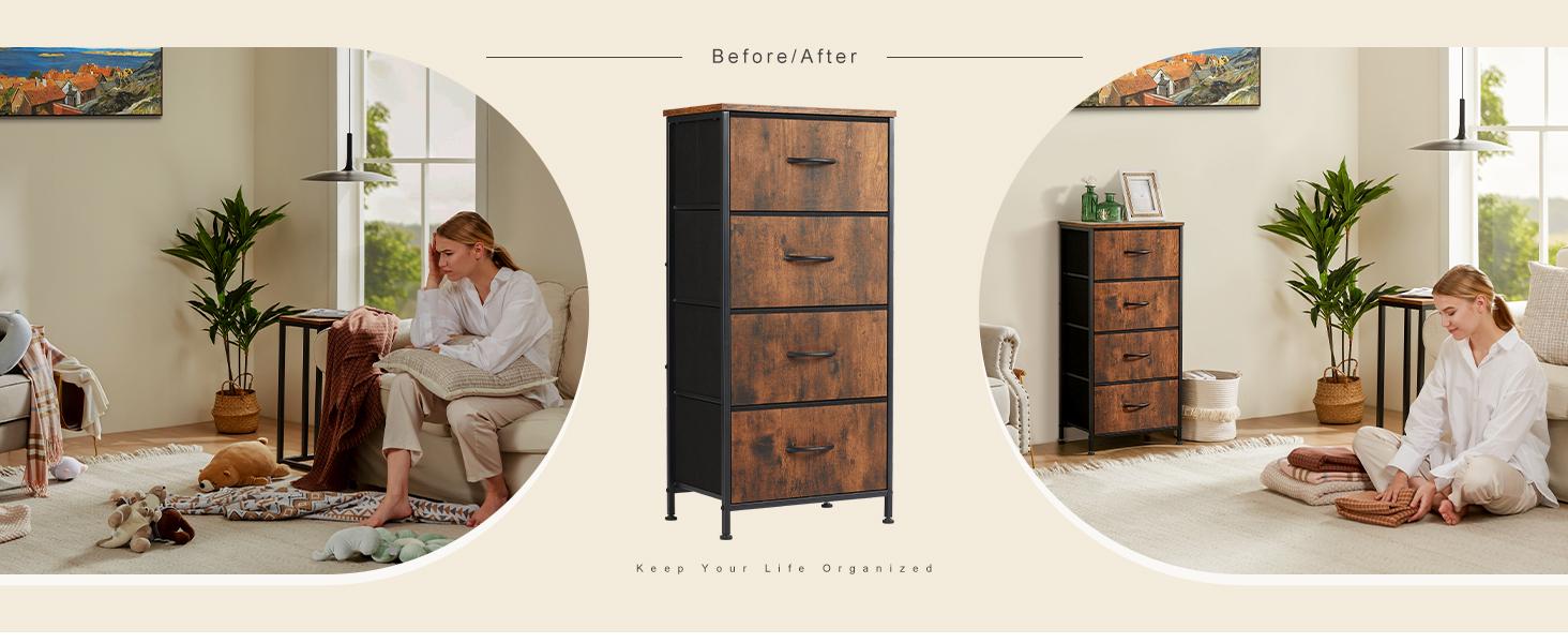 【Deal】SweetFurniture Dresser for Bedroom, Storage Drawers,Skinny Fabric Storage Tower with 4 Drawers,Tower Organizer Unit,Chest of Drawers with Wooden