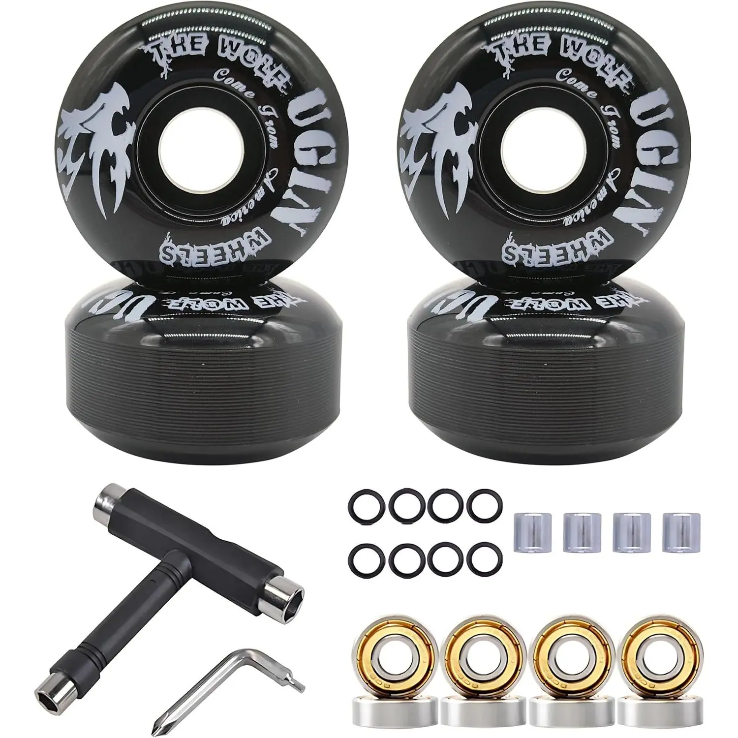 52mm 95A Skateboard Wheels Set, Freestyle Street Wheels with Bearings, Washers and All-in-One Skate Tool for Skate Park Tricks dragon