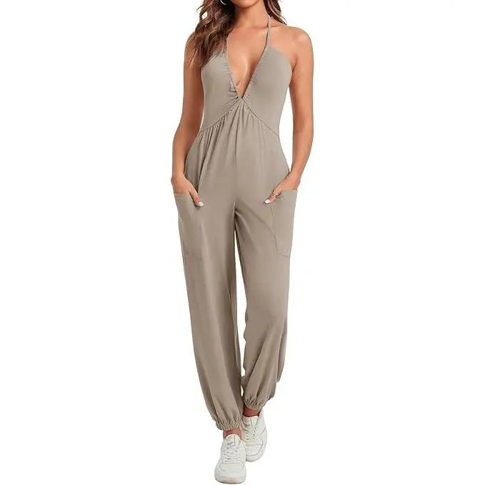 Cicy Bell Women's Sexy Halter Jumpsuits Casual Deep V Neck Beach Jogger Long Pants Rompers Womenswear Overalls Fitted Minimalist Jumper Trouser
