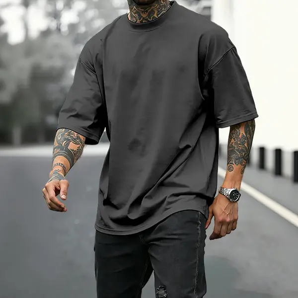 Men's Summer Sportswear Casual Solid Color Trendy Round Neck Short Sleeve Cotton T-Shirt, Loose-Fitting Street Style, Letter Print