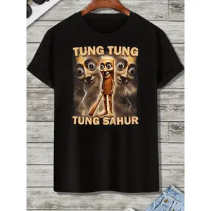 Men'S Funny Baseball Bat T-Shirt - "Tung Tung Tung Sahur" Cartoon Design, Black Short Sleeve Crew Neck, Casual Summer Tee for Adults, Humorous Gift Idea, Casual Attire Tee | Cartoon Graphic Tee | No Belt, Baseball T Shirt