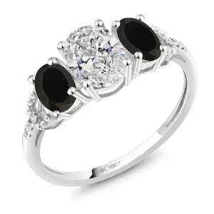 Gem Stone King 1.52 Cttw 10K White Gold Lab Grown Diamond and Black Onyx 3-Stone Engagement Ring | Center Oval Diamond 0.70 Ct | DEF Color | VVS-VS Clarity
