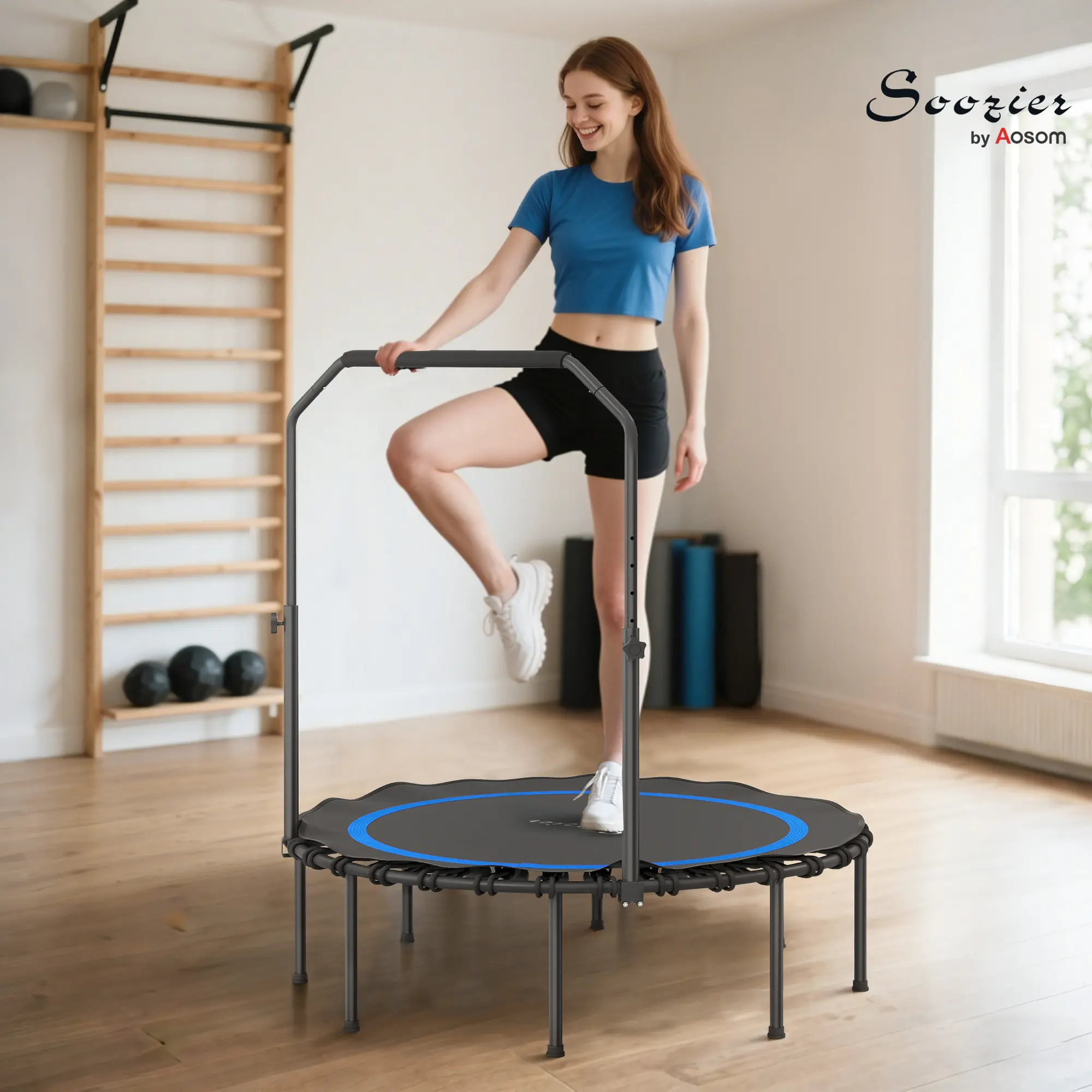 45" Round Foldable Fitness Trampoline for Adults, Quiet Bungee Rebounder with Adjustable Handle Bar, Polypropylene Mat for Home Workout & Cardio, 440 lbs Capacity, Exercise Equipment