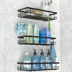 3 Pack Drill Free Shower Caddy with 36 Hooks, Rust Proof Adhesive Shower Shelf, Large Capacity Bathroom Storage Organizer, Black