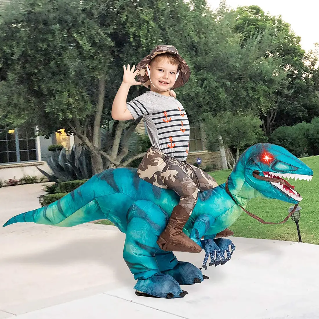 GOOSH Men's Inflatable Dinosaur Halloween Costume, Realistic Polyester T-Rex Blow Up Outfit with Red Glowing Eyes for Funny Party Cosplay, Dinosaur Costume, Unique Halloween Costume