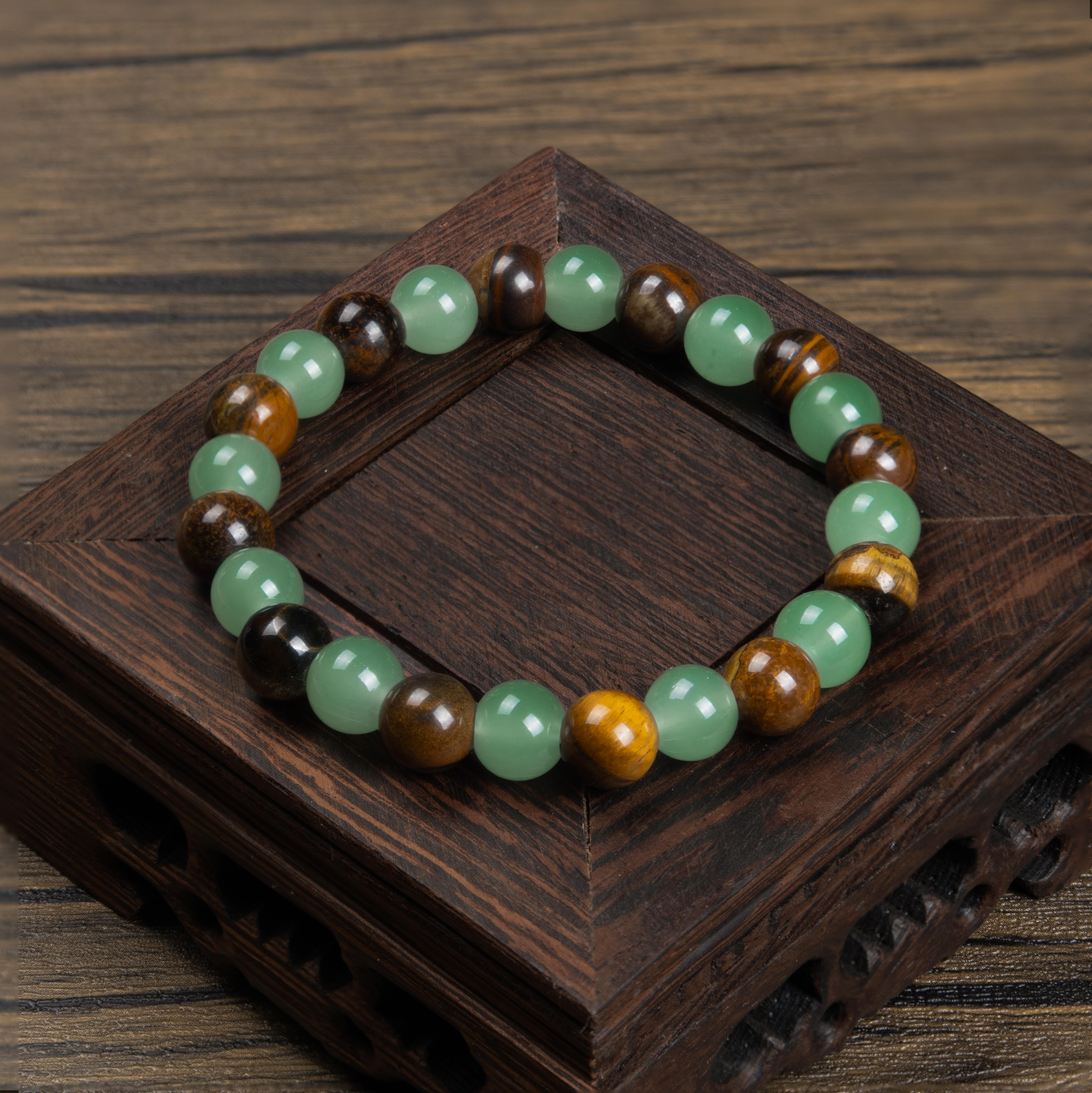 Money Bracelet with Green Aventurine & Tiger Eye, Natural Crystal Beaded Bracelet for Wealth Luck Protection Gift