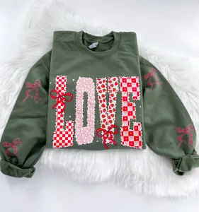 Love Checker Patchwork Strawberry Bow Coquette Sweatshirt or Hoodie with Sleeve Prints Comfy Unisex Tops Oversized Cotton/Poly Blend Soft Fabric Pullover for Man