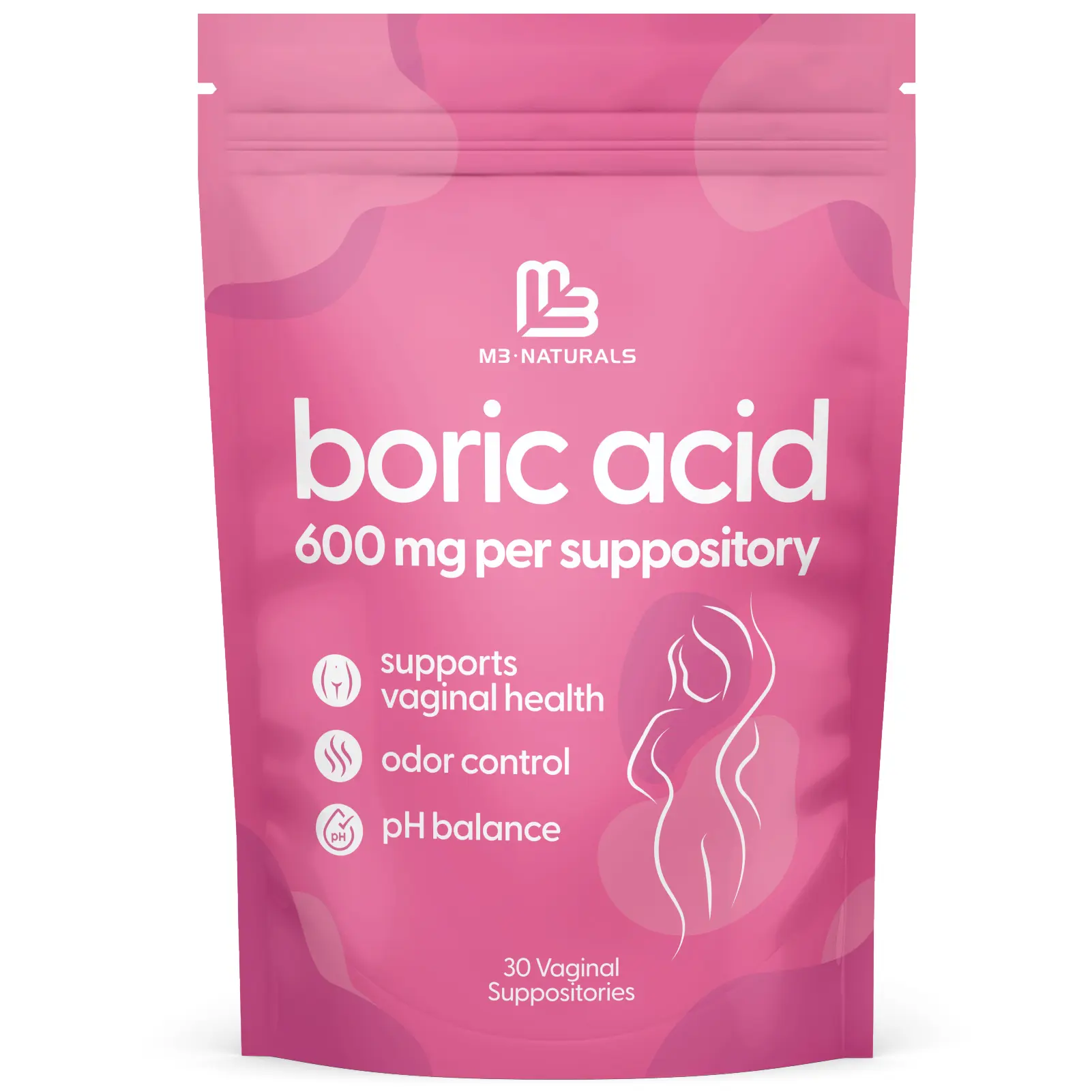 M3 Naturals Boric Acid Vaginal Suppositories for Women | 600 mg | Supports Vaginal Freshness & pH Balance | 30 Count Feminine Hygiene Products & Girly Feminine Items Hygiene Essentials